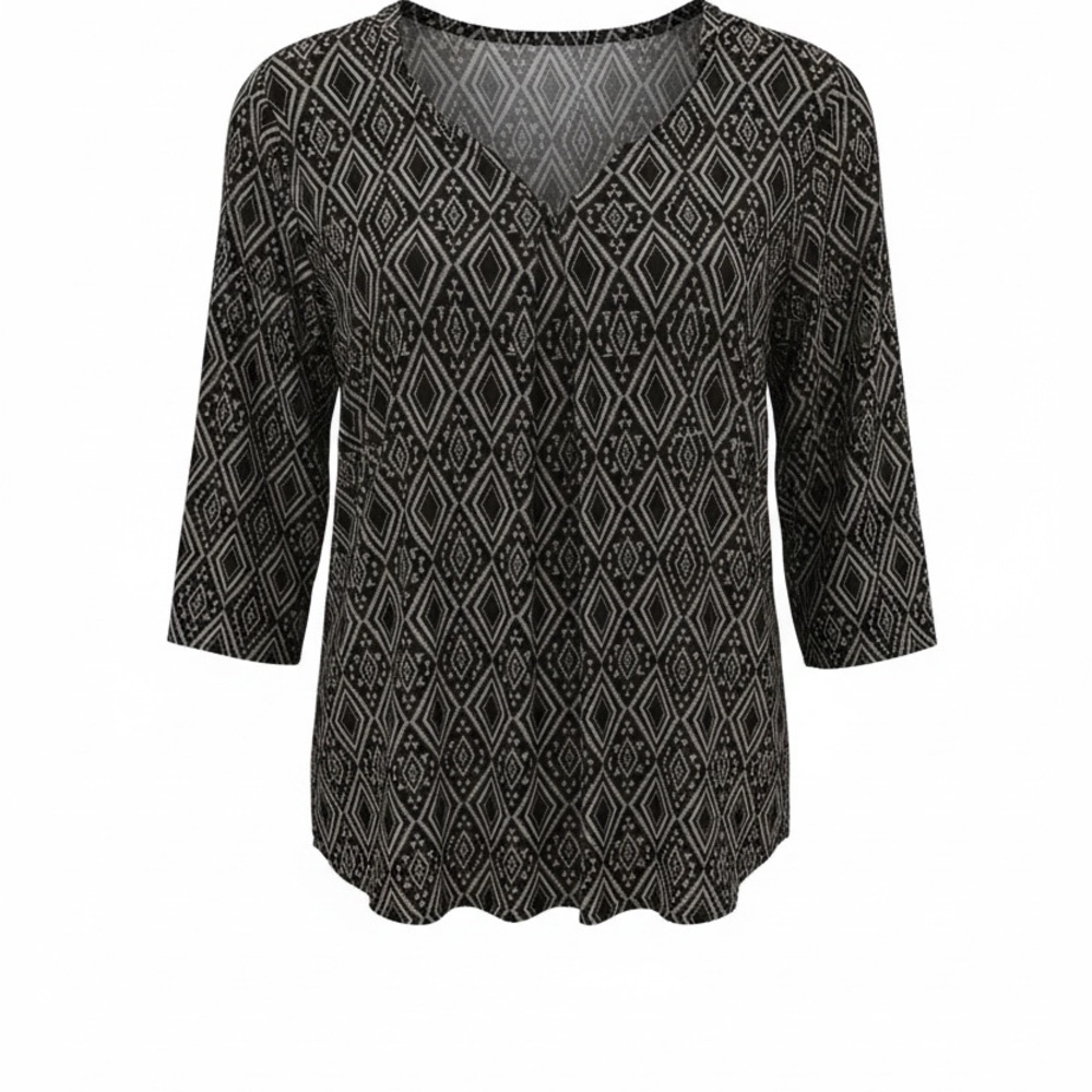 Long Sleeve Black and White Geometric V-Neck Tunic